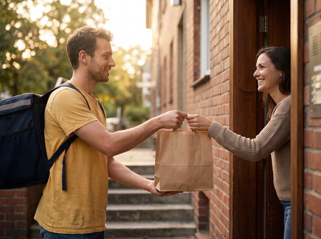 A courier handing an order to a customer at the door